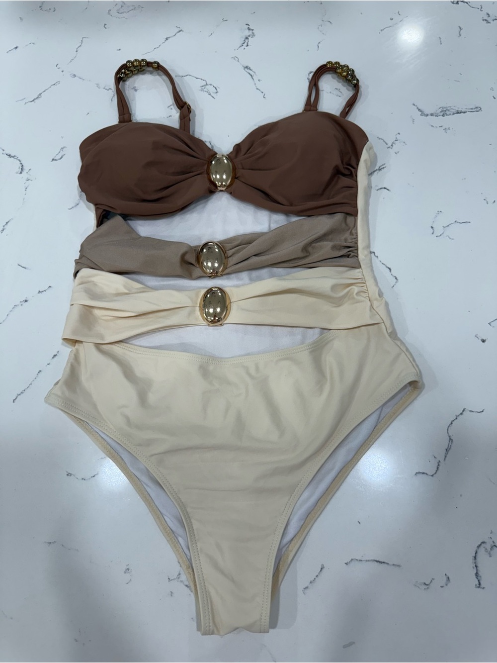 SHEIN Brown Taupe and Cream Cutout One-Piece Swimsuit with Gold Accents